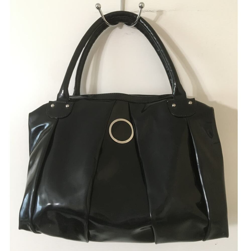 Armani Exchange AX Large Black Faux Patent Leather Hand Bag Silver Emblem Zipper
